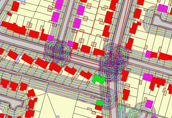 Mastermap used to create multiple buffers on roads in an urban area 